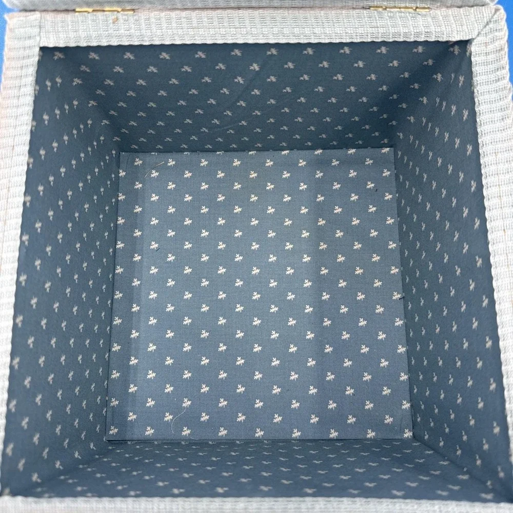 Vintage Wicker Blue Floral Tapestry Square Sewing Box Cottagecore